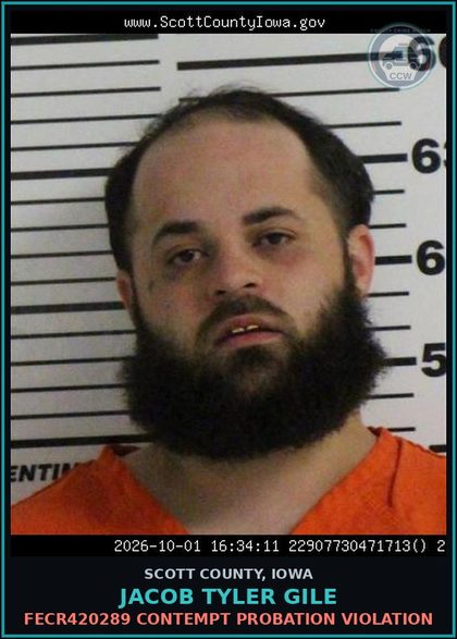 CCW arrest card for Jacob Tyler Gile in Scott County: FECR420289 CONTEMPT PROBATION VIOLATION