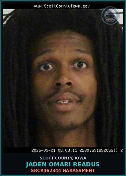 CCW arrest card for Jaden Omari Readus in Scott County: SRCR462344 HARASSMENT