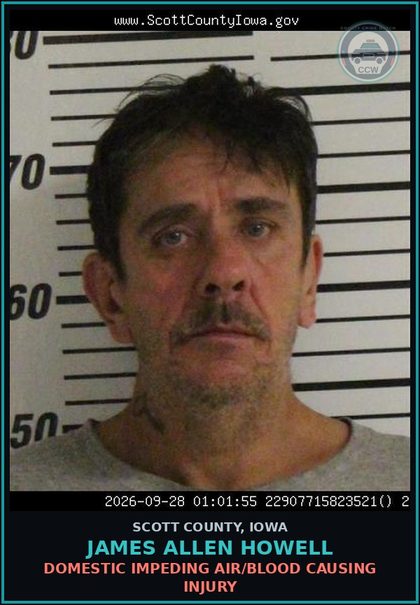 CCW arrest card for James Allen Howell in Scott County: DOMESTIC IMPEDING AIR/BLOOD CAUSING INJURY