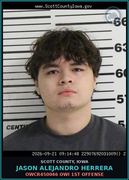 CCW arrest card for Jason Alejandro Herrera in Scott County: OWCR450046 OWI 1ST OFFENSE