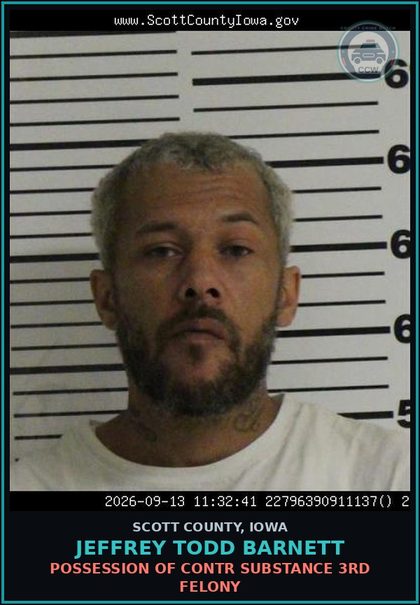 CCW arrest card for Jeffrey Todd Barnett in Scott County: POSSESSION OF contr substance 3RD FELONY