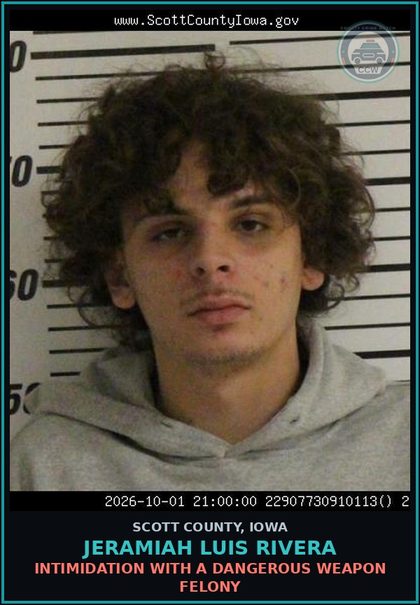 CCW arrest card for Jeramiah Luis Rivera in Scott County: GOING ARMED WITH INTENT