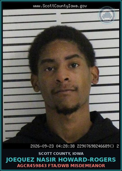 CCW arrest card for Joequez Nasir Howard-Rogers in Scott County: AGCR459843 FTA/DWB MISDEMEANOR