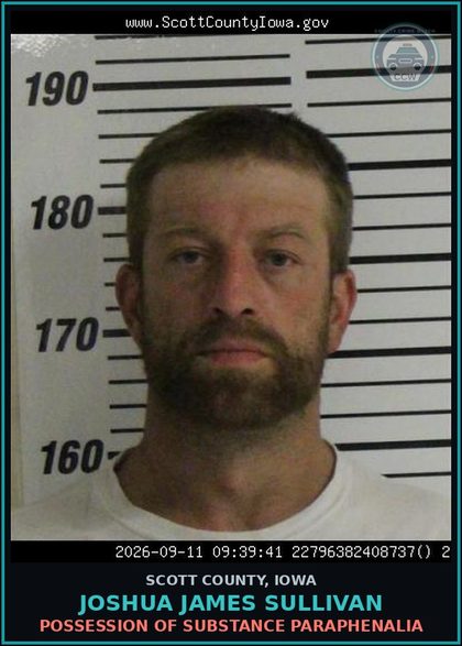 CCW arrest card for Joshua James Sullivan in Scott County: POSSESSION OF DRUG PARAPHENALIA