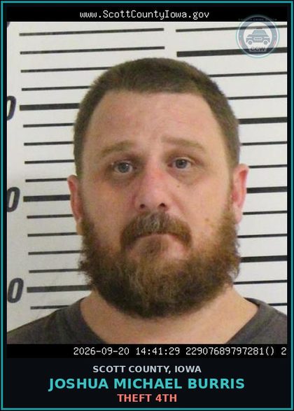 CCW arrest card for Joshua Michael Burris in Scott County: THEFT 4TH