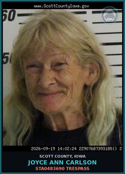 CCW arrest card for Joyce Ann Carlson in Scott County: STA0483690 TRESPASS
