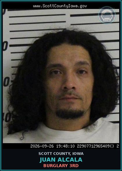 CCW arrest card for Juan Alcala in Scott County: BURGLARY 3RD