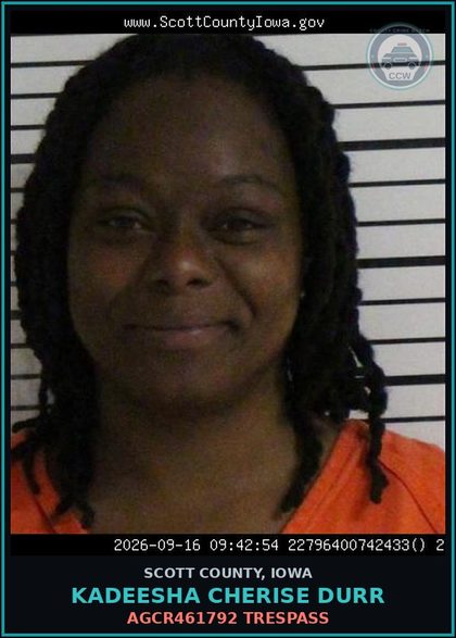 CCW arrest card for Kadeesha Cherise Durr in Scott County: AGCR461792 HARASSMENT