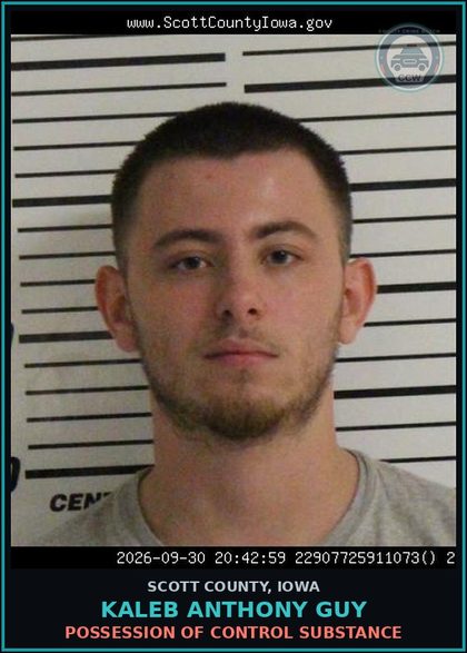 CCW arrest card for Kaleb Anthony Guy in Scott County: POSSESSION OF CONTROL SUBSTANCE