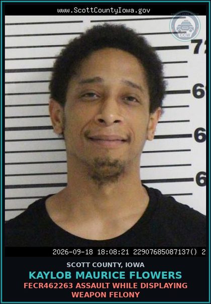 CCW arrest card for Kaylob Maurice Flowers in Scott County: FECR462263 ASSAULT WHILE DISPLAYING WEAPON FELONY