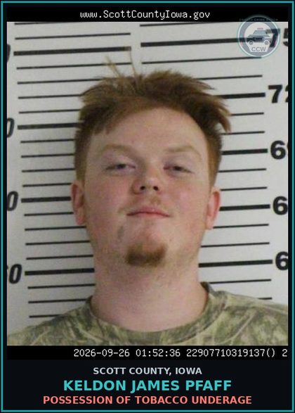 CCW arrest card for Keldon James Pfaff in Scott County: INTOXICATION