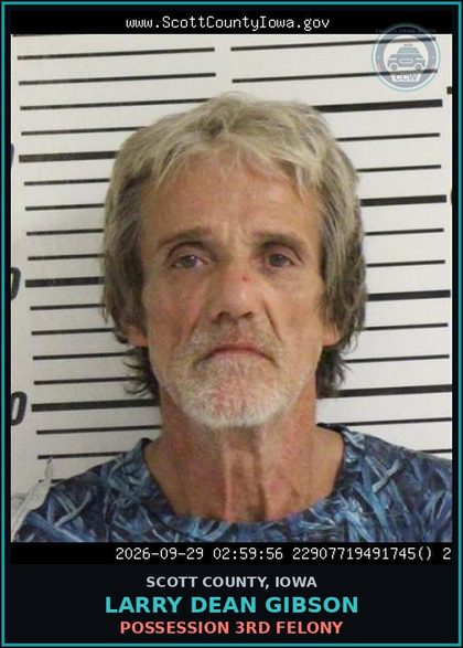 CCW arrest card for Larry Dean Gibson in Scott County: POSSESSION 3RD FELONY