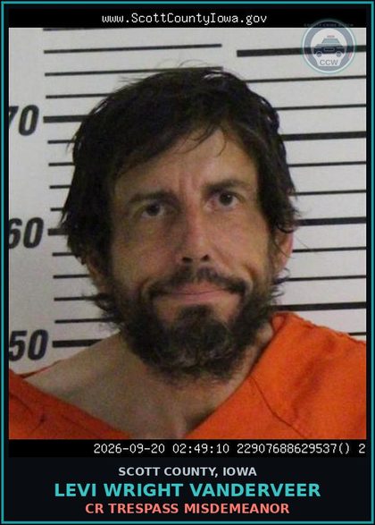 CCW arrest card for Levi Wright Vanderveer in Scott County: CR TRESPASS MISDEMEANOR