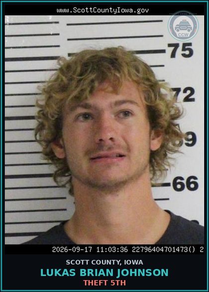 CCW arrest card for Lukas Brian Johnson in Scott County: THEFT 5TH