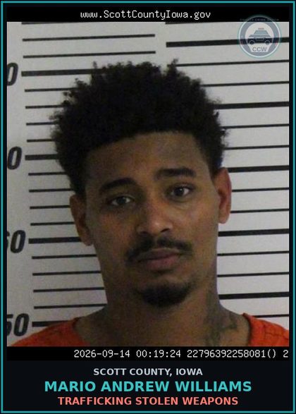 CCW arrest card for Mario Andrew Williams in Scott County: FELON IN POSSESSION OF FIREARM