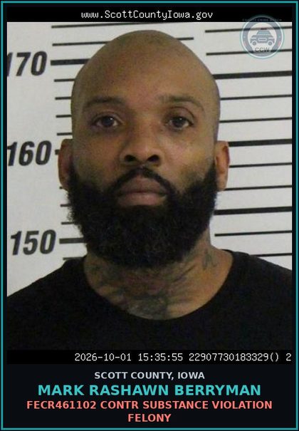 CCW arrest card for Mark Rashawn Berryman in Scott County: FECR461102 contr substance VIOLATION FELONY