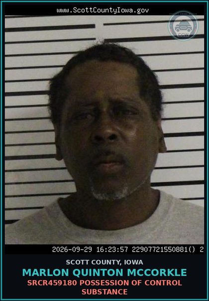 CCW arrest card for Marlon Quinton Mccorkle in Scott County: SRCR459180 POSSESSION OF CONTROL SUBSTANCE