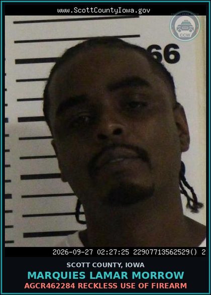 CCW arrest card for Marquies Lamar Morrow in Scott County: AGCR462284 RECKLESS USE OF FIREARM