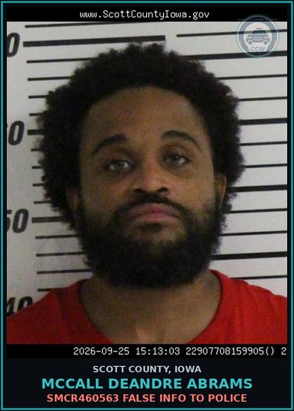 CCW arrest card for Mccall Deandre Abrams in Scott County: SMCR460563 FALSE INFO TO POLICE