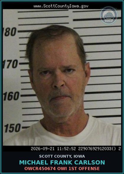 CCW arrest card for Michael Frank Carlson in Scott County: OWCR450674 OWI 1ST OFFENSE