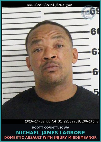 CCW arrest card for Michael James Lagrone in Scott County: DOMESTIC ASSAULT WITH INJURY MISDEMEANOR