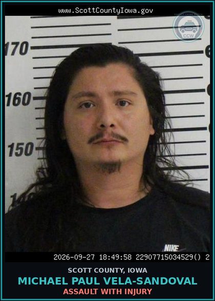 CCW arrest card for Michael Paul Vela-Sandoval in Scott County: ASSAULT WITH INJURY