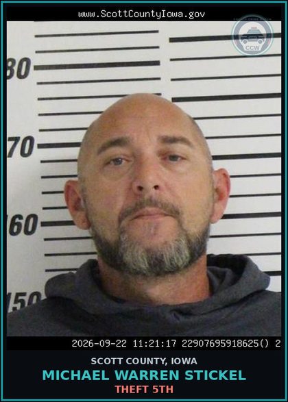 CCW arrest card for Michael Warren Stickel in Scott County: THEFT 5TH