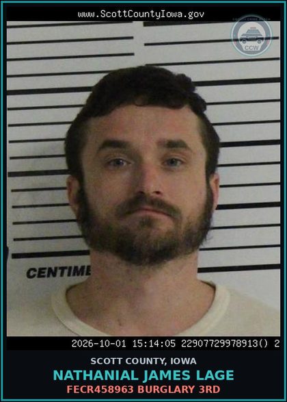 CCW arrest card for Nathanial James Lage in Scott County: FECR458963 BURGLARY 3RD