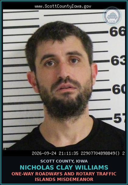 CCW arrest card for Nicholas Clay Williams in Scott County: ONE-WAY ROADWAYS AND ROTARY TRAFFIC ISLANDS MISDEMEANOR