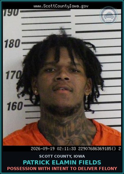 CCW arrest card for Patrick Elamin Fields in Scott County: DRUG TAX STAMP FELONY