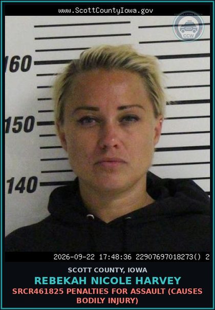 CCW arrest card for Rebekah Nicole Harvey in Scott County: SRCR461825 PENALTIES FOR ASSAULT (CAUSES BODILY INJURY)