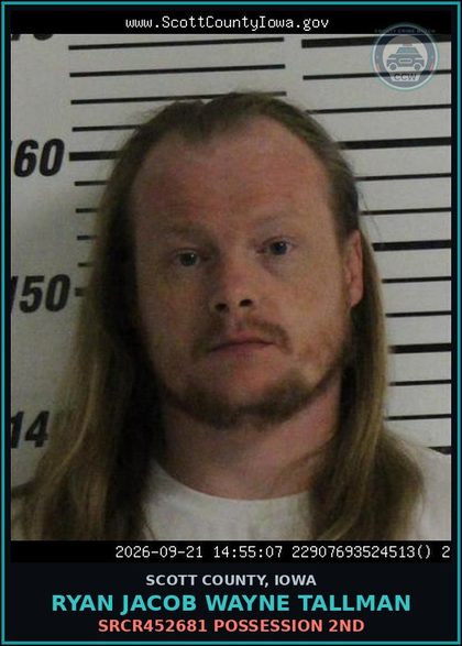 CCW arrest card for Ryan Jacob Wayne Tallman in Scott County: SRCR452681 POSSESSION 2ND