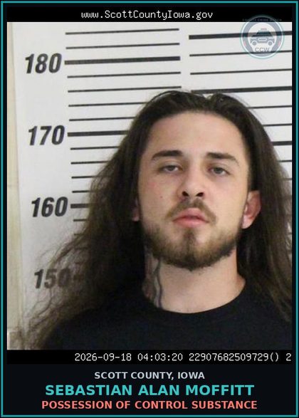 CCW arrest card for Sebastian Alan Moffitt in Scott County: POSSESSION OF CONTROL SUBSTANCE