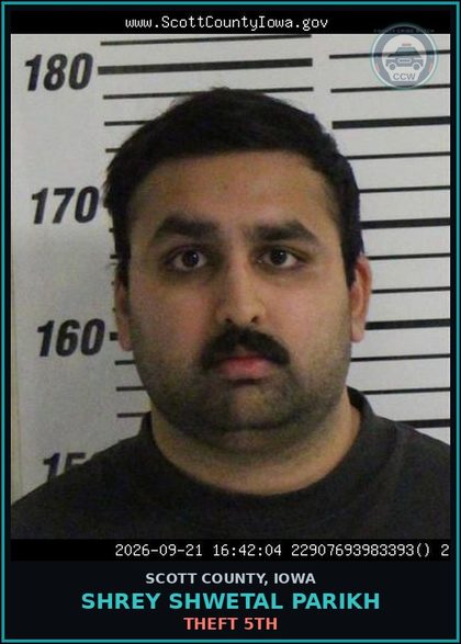 CCW arrest card for Shrey Shwetal Parikh in Scott County: THEFT 5TH