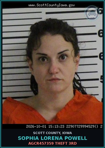 CCW arrest card for Sophia Lorena Powell in Scott County: AGCR457359 THEFT 3RD