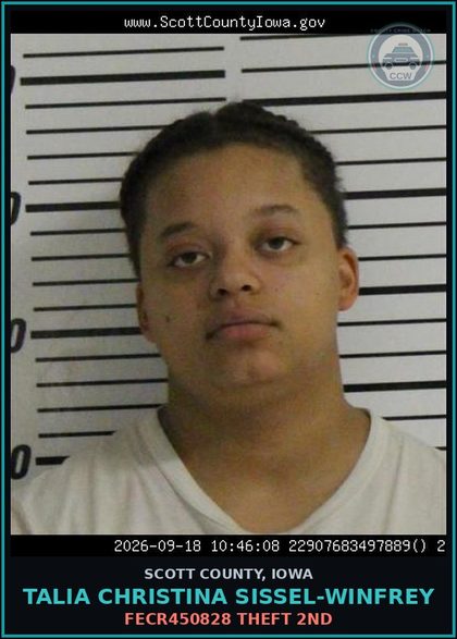CCW arrest card for Talia Christina Sissel-Winfrey in Scott County: FECR450828 THEFT 2ND