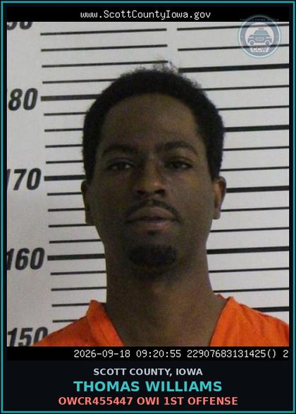 CCW arrest card for Thomas Williams in Scott County: OWCR455447 OWI 1ST OFFENSE