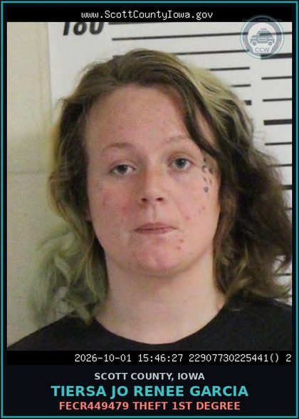 CCW arrest card for Tiersa Jo Renee Garcia in Scott County: FECR449479 THEFT 1ST DEGREE