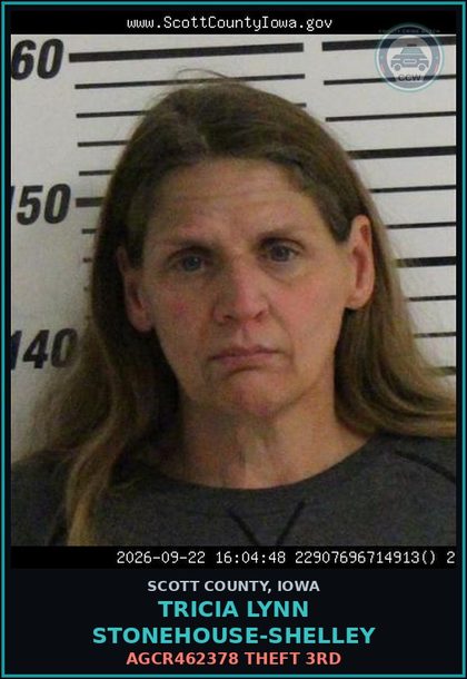 CCW arrest card for Tricia Lynn Stonehouse-Shelley in Scott County: AGCR462378 THEFT 3RD