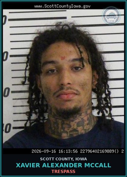 CCW arrest card for Xavier Alexander Mccall in Scott County: TRESPASS