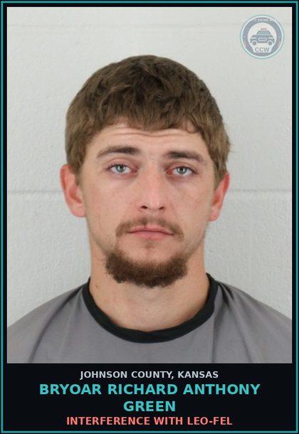 CCW arrest card for BRYOAR RICHARD ANTHONY GREEN in Johnson County: INTERFERENCE WITH LEO-FEL