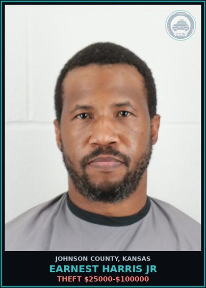 CCW arrest card for EARNEST HARRIS JR in Johnson County: THEFT $25000-$100000