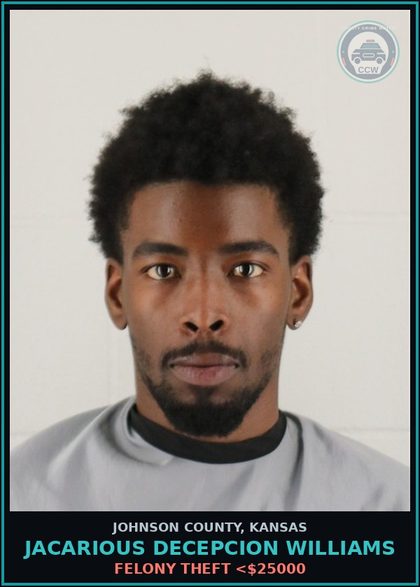 CCW arrest card for JACARIOUS DECEPCION WILLIAMS in Johnson County: FELONY THEFT <$25000