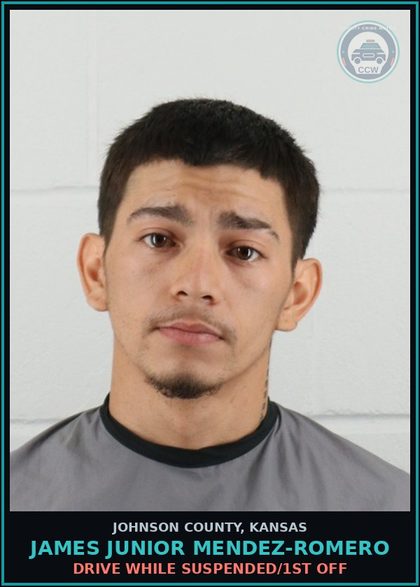 CCW arrest card for JAMES JUNIOR MENDEZ-ROMERO in Johnson County: DRIVE WHILE SUSPENDED/1ST OFF
