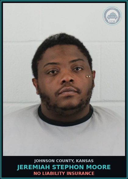 CCW arrest card for JEREMIAH STEPHON MOORE in Johnson County: NO LIABILITY INSURANCE