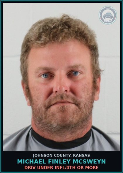 CCW arrest card for MICHAEL FINLEY MCSWEYN in Johnson County: DRIV UNDER INFL/4TH OR MORE