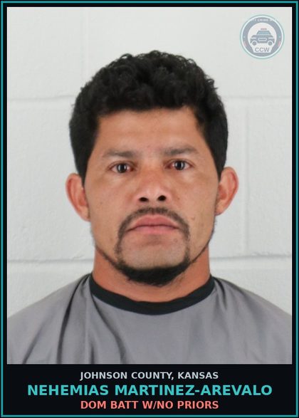 CCW arrest card for NEHEMIAS MARTINEZ-AREVALO in Johnson County: DOM BATT W/NO PRIORS