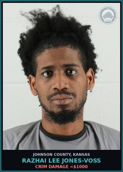 CCW arrest card for RAZHAI LEE JONES-VOSS in Johnson County: CRIM DAMAGE <$1000