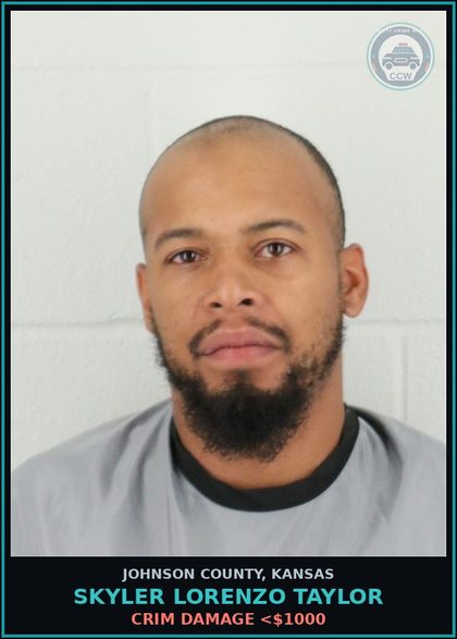 CCW arrest card for SKYLER LORENZO TAYLOR in Johnson County: CRIM DAMAGE <$1000