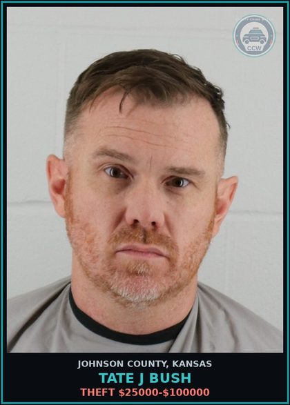 CCW arrest card for TATE J BUSH in Johnson County: THEFT $25000-$100000